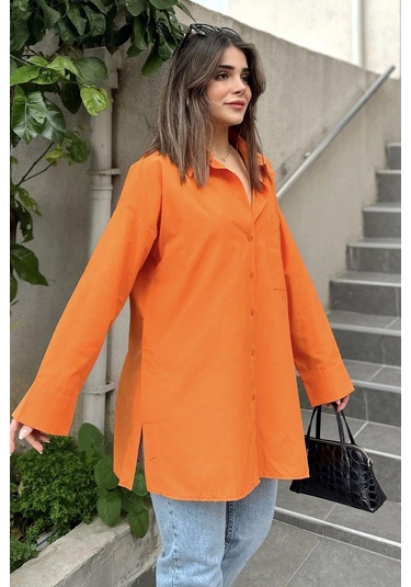 Kadın Turuncu Terikoton Kumaş, Yırtmaçlı, Rahat Uzun Gömlek Turuncu