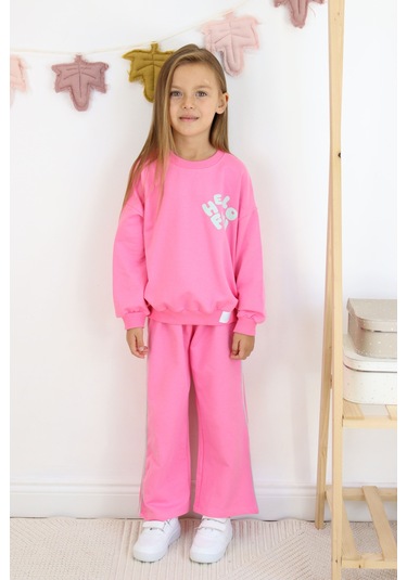 Kız Çocuk Hello Fun Baskılı İspanyol Paça İki İplik Eşofman Takımı Koyu Pembe