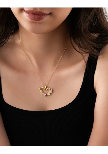 925 Ayar Zirkon Taşlı Gold Birleşen Kuğular Kalp Motifli Gümüş Aşk Kolyesi Gümüş - Rodyum