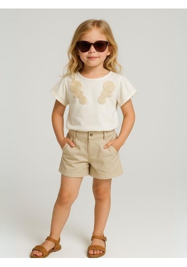 Kız Çocuk Etnik Desenli Nakışlı Tasarım T-shirt-15980 Krem