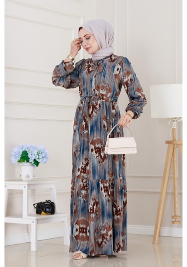 Beli Tünelli Hera Viscon Elbise-mavi-5313 Mavi