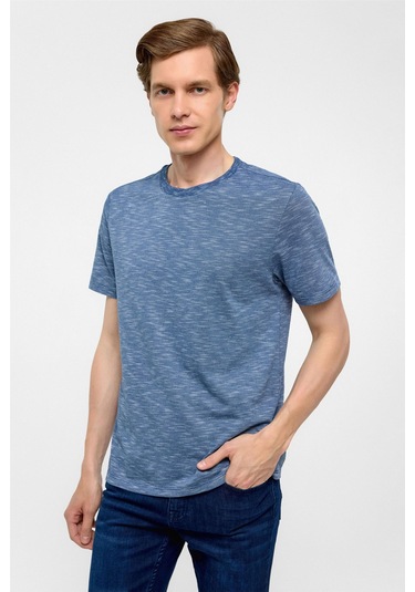 SÜVARİ Saks Mavi Regular Armürlü Bisiklet Yaka Tişört