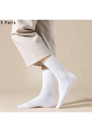 Siyah 5 Çift/grup Erkek Dikey Çizgili Pamuklu Çorap Orta Buzağı Nefes Alabilen Çorap İş Spor Çorapları Siyah