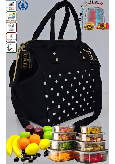 Sıcak, Soğuk Isı Yalıtımlı Termal Termoslu Yemek, Mama, Beslenme, Gıda İçin Askılı Taşıma Çantası Siyah Puantiye Siyah