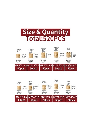 Nayomiglow 520 Adet M2 M2.5 M3 Metrik Dişi Dişli Yivli Pirinç Dişli Ekleme Gömülü Somun Çeşitleri Kiti Diğer
