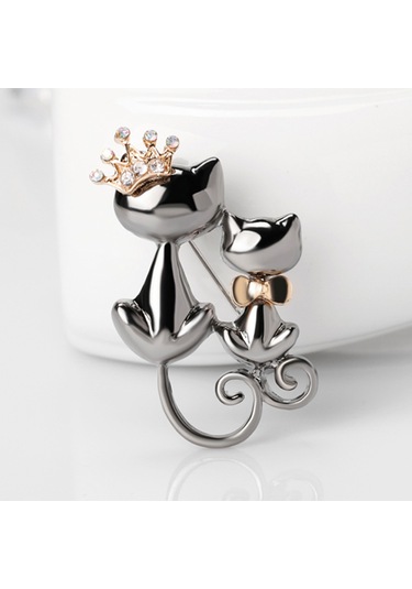 Kadın Takı Parlak Yapay Elmas Sevimli Çift Kedi Figürlü Broş Çok Renkli