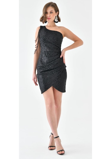 Hanife Glam Couture Hanife Glam Tek Omuz Taş Tasarımlı Mini Pulpayet Elbise Siyah