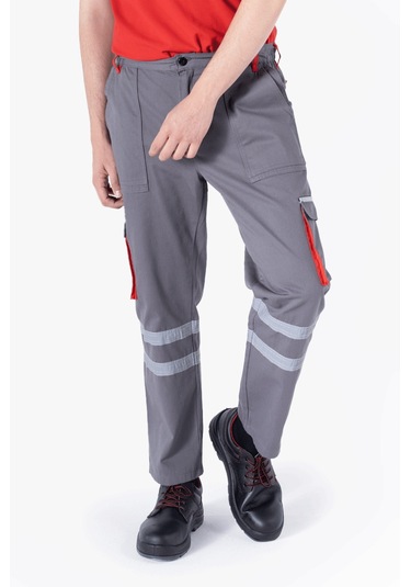 Körüklü Çift Komando Cepli Pantolon Gri - Kırmızı