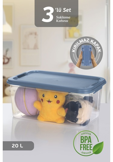 3'lü 20l Multibox Saklama Kabı Kilitli Kapaklı Çok Amaçlı Düzenleyici Kiler Depolama Saklama Kutusu Mavi