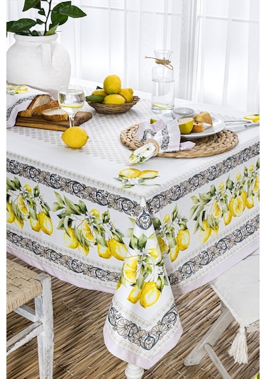 Elart Limonlu Yemek Seti 12 Kişilik Masa Örtüsü Takımı 150x210 Cm Çok Renkli