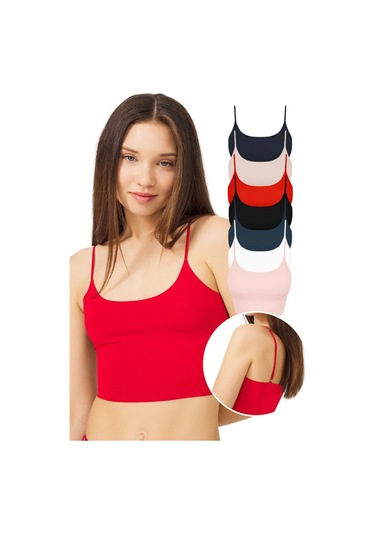 Ayarlanabilir İnce Askılı Lazer Kesim Crop Büstiyer 7'li Paket Renkli-1 Çok Renkli