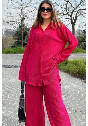Kadın Fuşya Uzun Tunik Gömlek & Beli Lastikli, Bol Paça Pantolon - Salaş Bürümcük Takım Fuşya