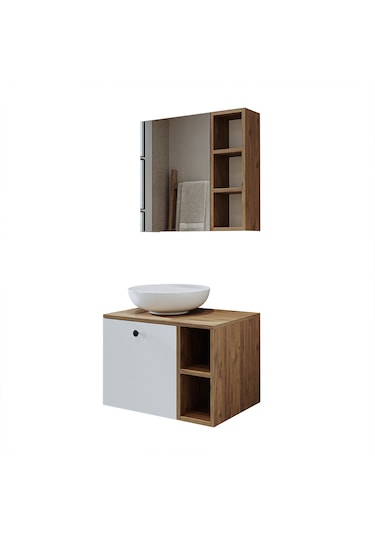 Lotus Lavabolu Mdf 65 Cm Banyo Dolabı + Aynalı Dolap Atlantik Çam - Beyaz