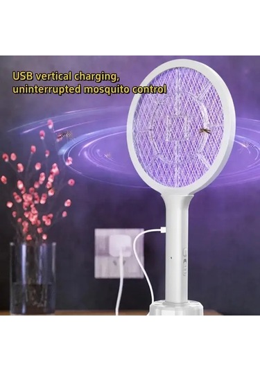 Boatshop1 Usb Şarj Edilebilir Beyaz El Tipi Sivrisinek Raketi Led Gece Lambalı Çift Modlu Elektrikli Böcek Öldürücü Ev Ofis Bahçe İçin