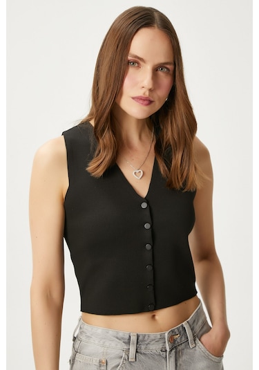 Ritnice Kadın Petite Çıtçıtlı Crop Siyah Triko Yelek Siyah