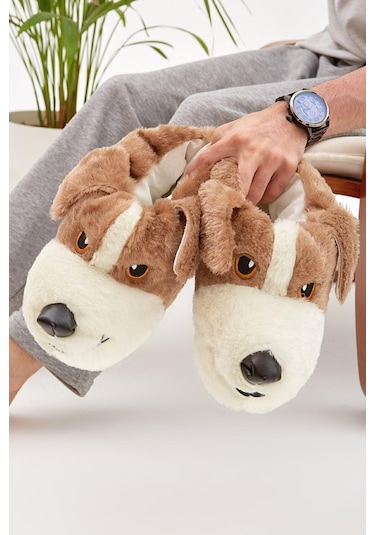 Kahverengi Hayvanlı Sessiz Taban Panduf Sevimli Köpek Figürlü Peluş Ev Ayakkabısı Kahverengi