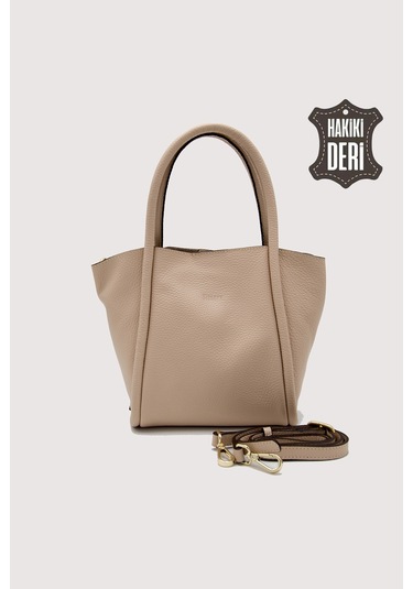 Hakiki Deri Kadın Organizerlı El Çantası Vizon Smr9206 Vizon