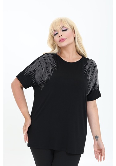 Bambu Bluz Yarasa Kol Taş Detaylı M-6xl Siyah