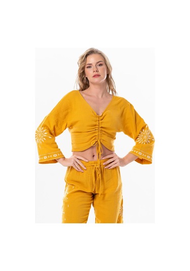 Uzun Kol Günışığı Büzgü Detaylı Yazlık Müslin Bluz Hardal Hrd-hardal