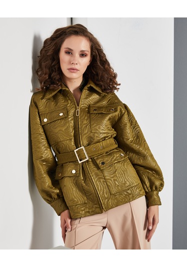 Kısa Kadın Mont - Cepli Ve Kemerli - Modern Ve Şık Tasarım - Günlük Ve Özel Gün İçin Mont Yeşil