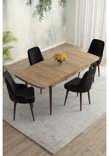 Meri Serisi 80x132 Açılabilir Mdf Meşe Masa Takımı 4 Lacivert Sandalye Kahve Ayak Siyah