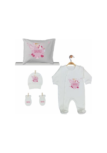 Pia Baby Gl 2005 İsme Özel Leylekli Beşli Tulum Set Krem