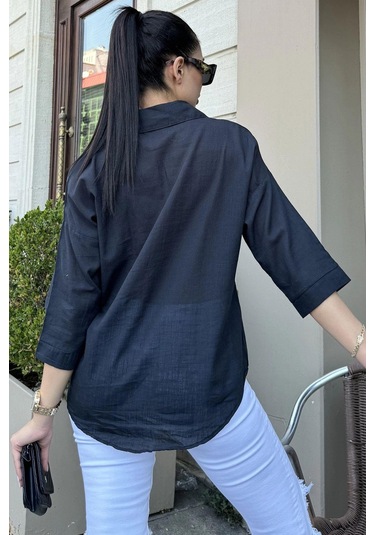 Kadın Siyah Truvakar Kol, Oval Kesim, Terletmez, Flamlı Keten Salaş Gömlek Siyah