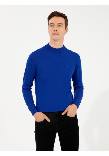 Cacharel Sax Slim Fit Çeyrek Balıkçı Yaka Basic Triko Kazak Mavi