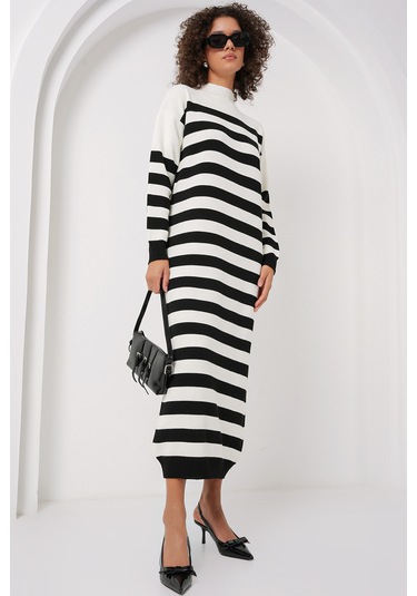 Bigdart 15898 Çizgili Uzun Triko Elbise - B.beyaz
