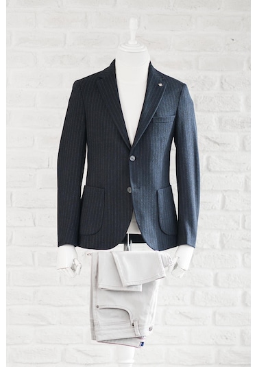 Slimfit Torba Cep Çizgili Mono Yaka Astarsız Çift Yırtmaç Likralı Kışlık Erkek Tek Ceket Lacivert