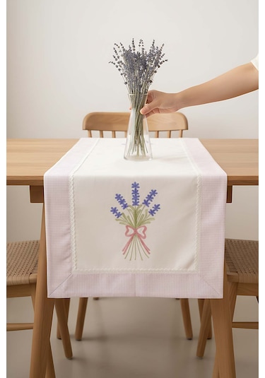 Lavanta İşlemeli Buldan Kumaş Runner 50x130 Cm Krem
