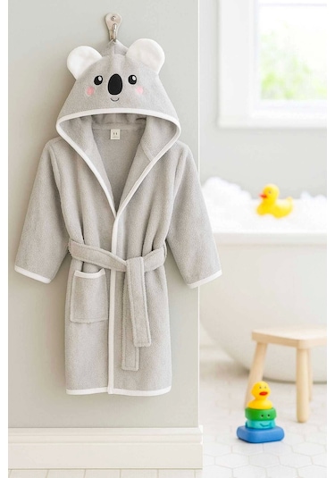 Kapşonlu Unisex %100 Pamuklu Çocuk Banyo Bornozu Koala 7-8 Yaş