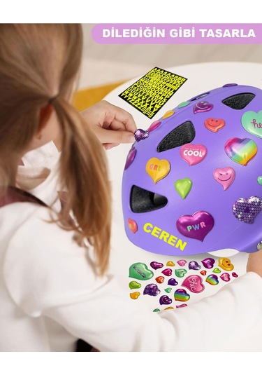 Lila Mor Çocuk Kaskı Spor Koruyucu Kask Kalpler Ve Harfler Stickerlı Bisiklet Scooter Paten Ekipmanı Lila