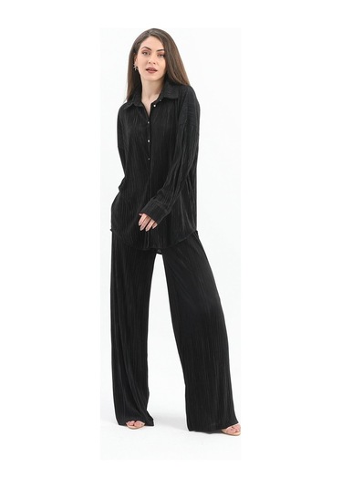 Düğme Detaylı Örme Pilise Takım - Siyah-siyah Siyah