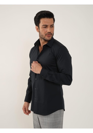 Siyah Erkek Slim Fit Düz Klasik Yaka Uzun Kol Gömlek - 88359 Siyah