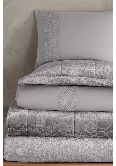 Elart Çeyiz Paketi 10 Parça Yatak Örtüsü+nevresim Takımı+battaniye Nüans Gümüş