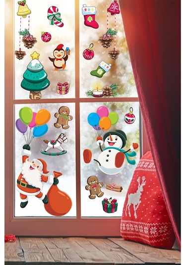 Balonla Uçan Noel Baba Ve Kardan Adam Yılbaşı Süsleri Pencere Duvar Sticker