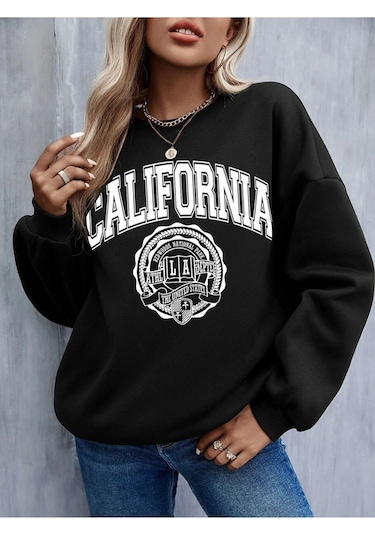 Altamira Unisex Siyah California Baskılı Bisiklet Yaka Oversize Sweatshirt 001