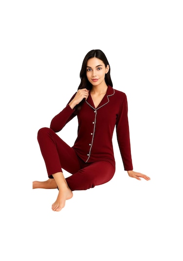 Kadın Bordo Düğmeli Uzun Kol Pijama Takımı Kırmızı