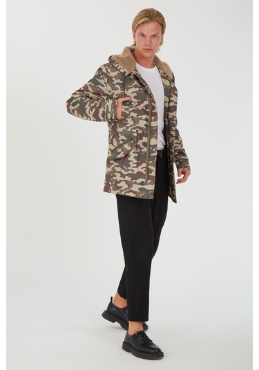 Sposo 1738 Su Itici Kumaş , Kapşonlu Kahveli Kamuflaj Erkek Kaban Yeşil - Kahverengi