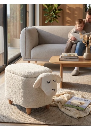 Kuzu Figürlü Sandıklı Puf Modelleri Teddy Puf Krem