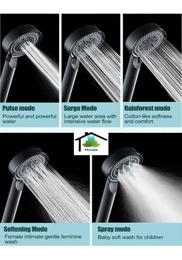 Mintev Siyah Yüksek Basınçlı 5 Fonksiyonlu Ultra Lüx Duş Başlığı Siyah