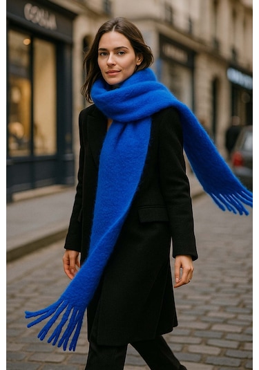 Kadın Püskül Detay Atkı Omuz Şalı 40x200 Cm 1295 Saks Mavi Saks Mavi