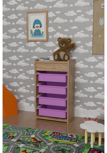 4 Sepetli Oyuncak Dolabı Atlantik Çam - Pembe Kahverengi