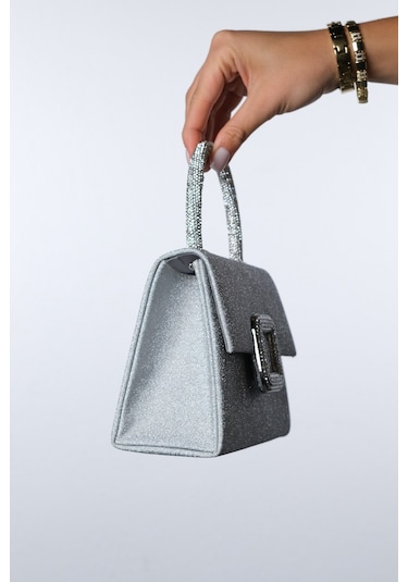 Valeria Gümüş Simli Taşlı Kadın El Çantası Gümüş Sim