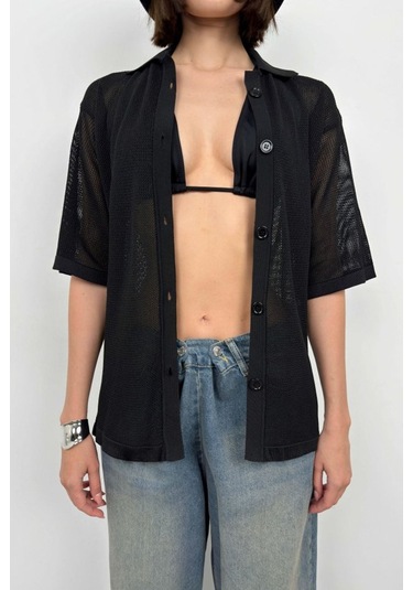 Polo Yaka Fileli Bluz Siyah