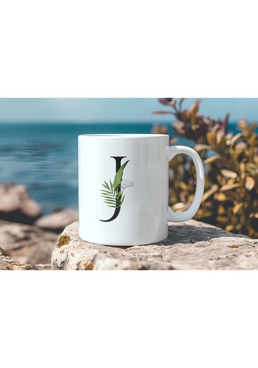 J Harf Zarif Yaprak Desenli Kupa Bardak - Naturel Sade Alfabe Harfli Bardak - Kişiye Özel Hediye Beyaz