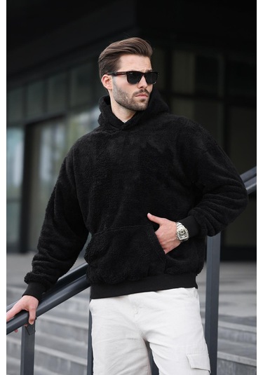 Siyah Peluş Kapüşonlu Erkek Sweatshirt 6050 Siyah