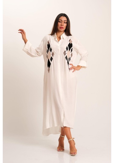 Kadın Beyaz Önü Pul Payet Aplike Nakışlı Kolu Apoletli Uzun Gömlek Elbise-beyaz Beyaz