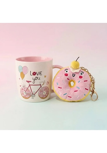 Donut Peluş Anahtarlıklı Kupa 360 Ml Pembe3